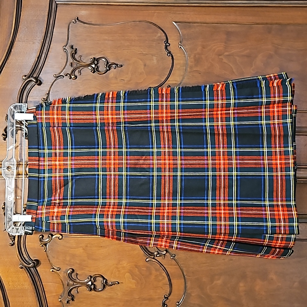Vintage Pitlochry Plaid Wrap Around Wool Skirt Side Belts Fringe Red Celtic Sz S